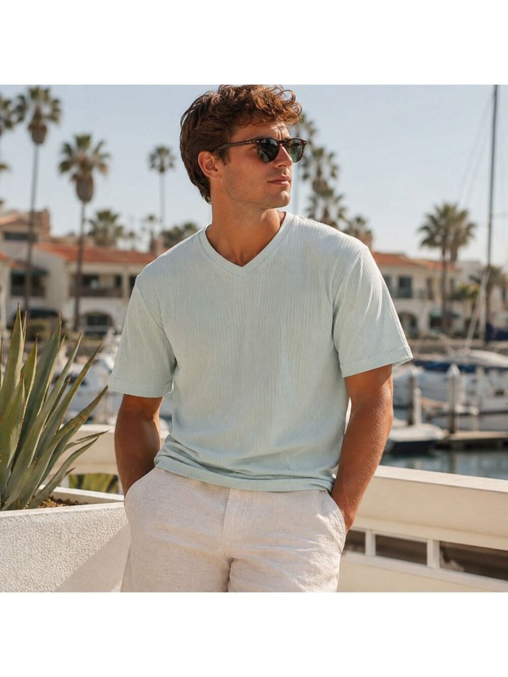 VTG Joe Henlin Coastal Grandpa Ribbed L Mint Green Retro Resort T-Shirt Cotton